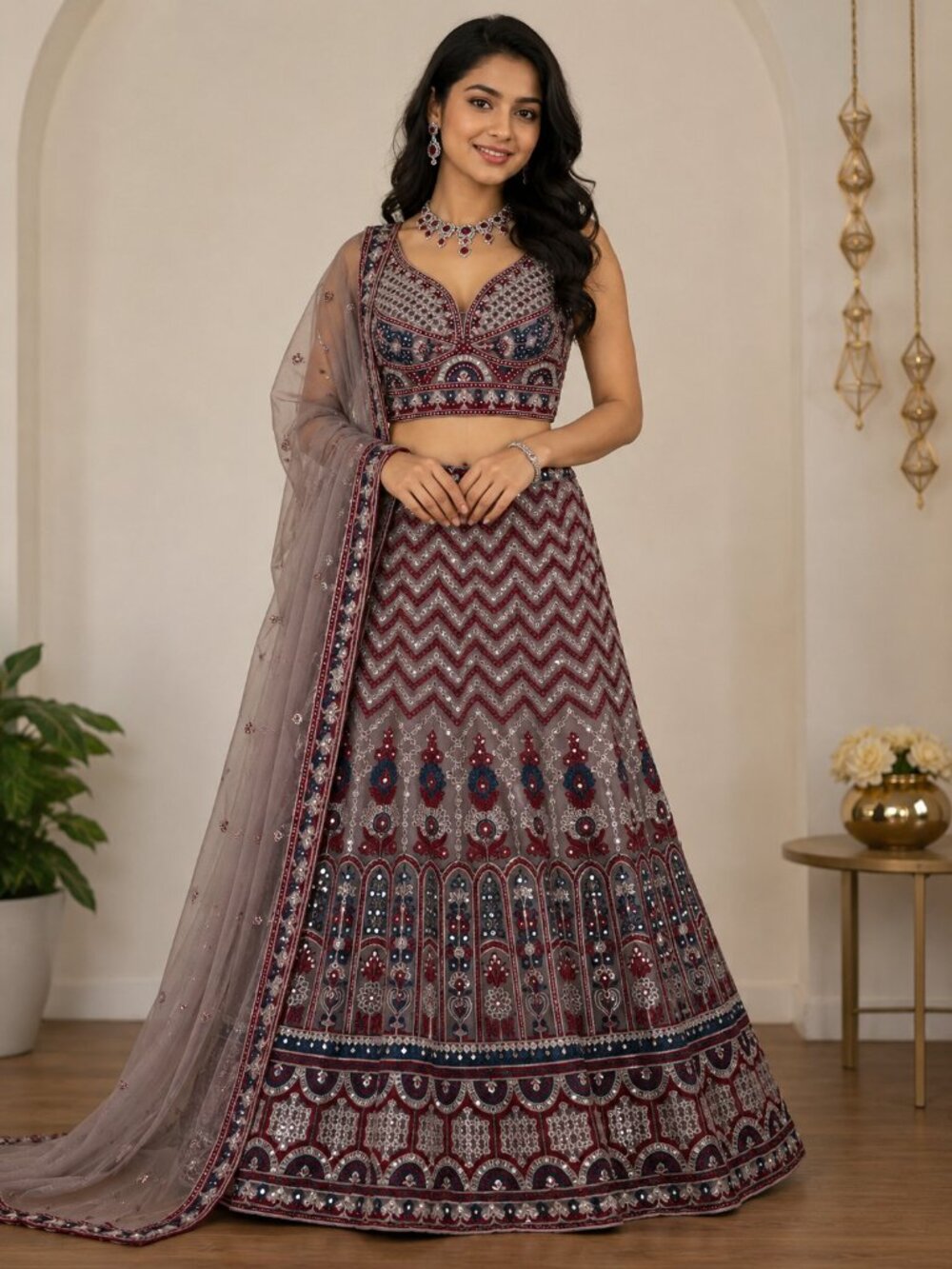 Maroon & Navy Blue Embroidered Lehenga Set with Dupatta |Indian Partywear Outfit